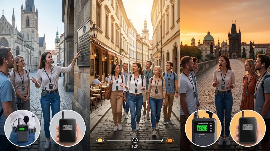 Guide leading a continuous full-day walking tour without charging breaks Guide leading a continuous full-day walking tour without charging breaks